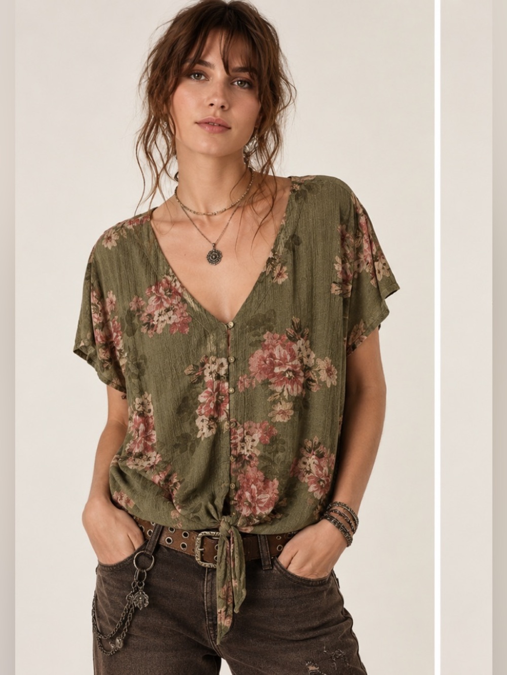Maurices Olive Green Floral Tie-Front V-Neck Cottagecore Fairy Wimsigoth Top 2XL